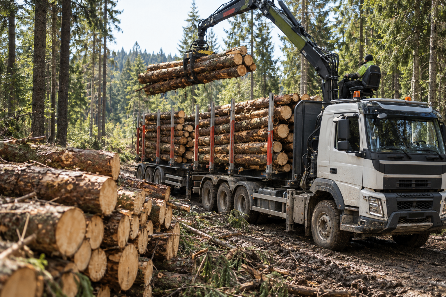 Camion forestier cu macara încărcând bușteni în pădure